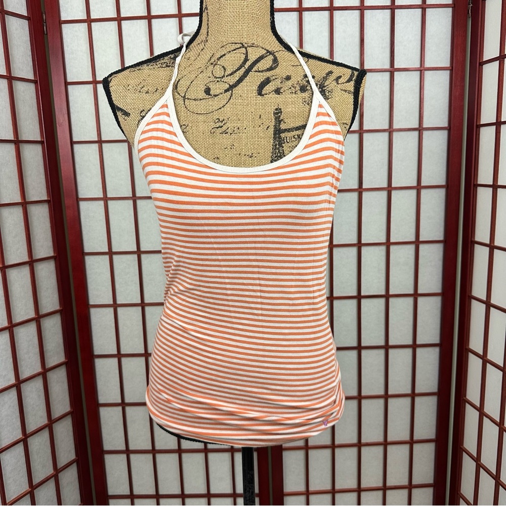 Y2K American Eagle Orange White Striped Stretchy Halter Tank Top